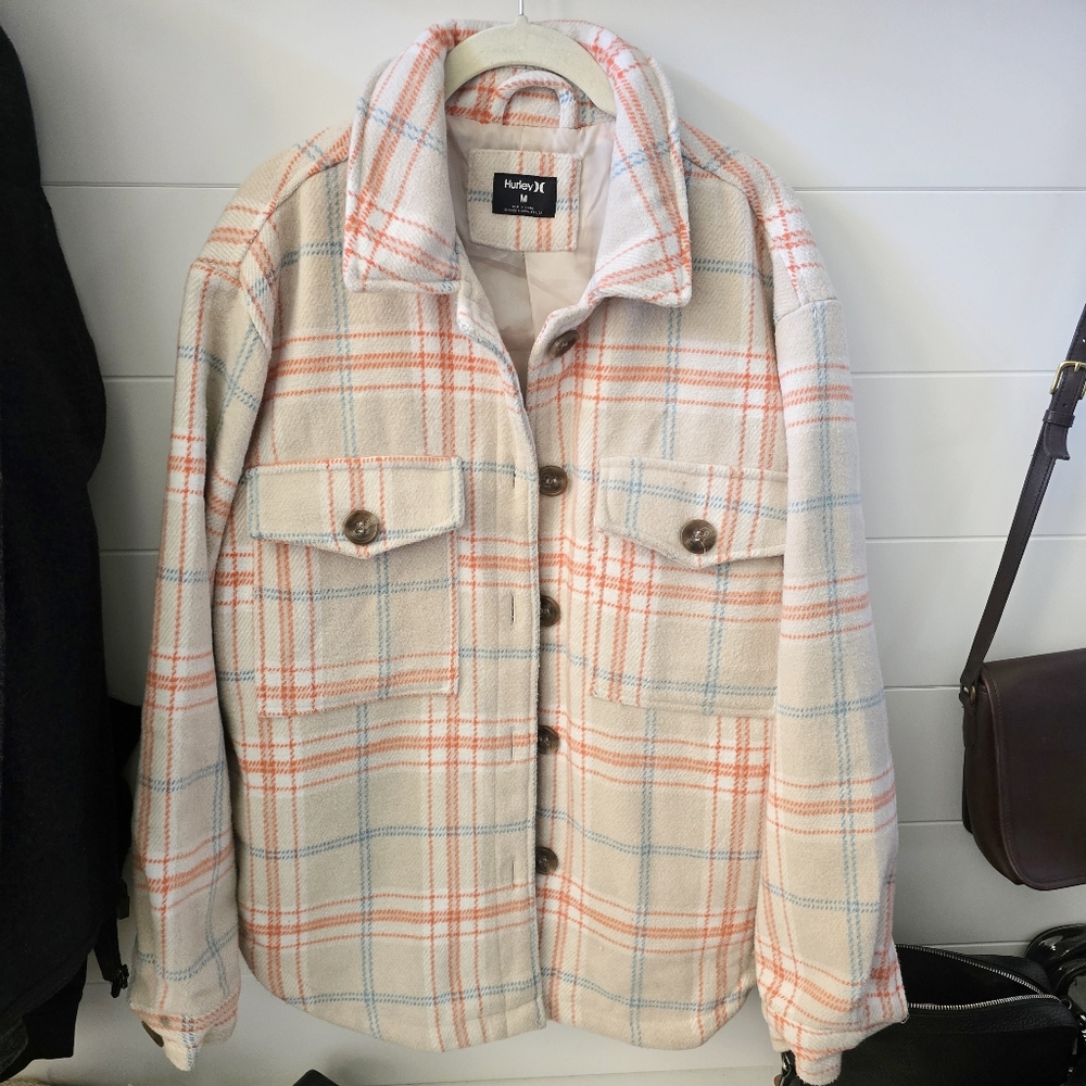 Hurley Cream Orange Plaid Shacket Shirt Jacket Button Down Size Medium